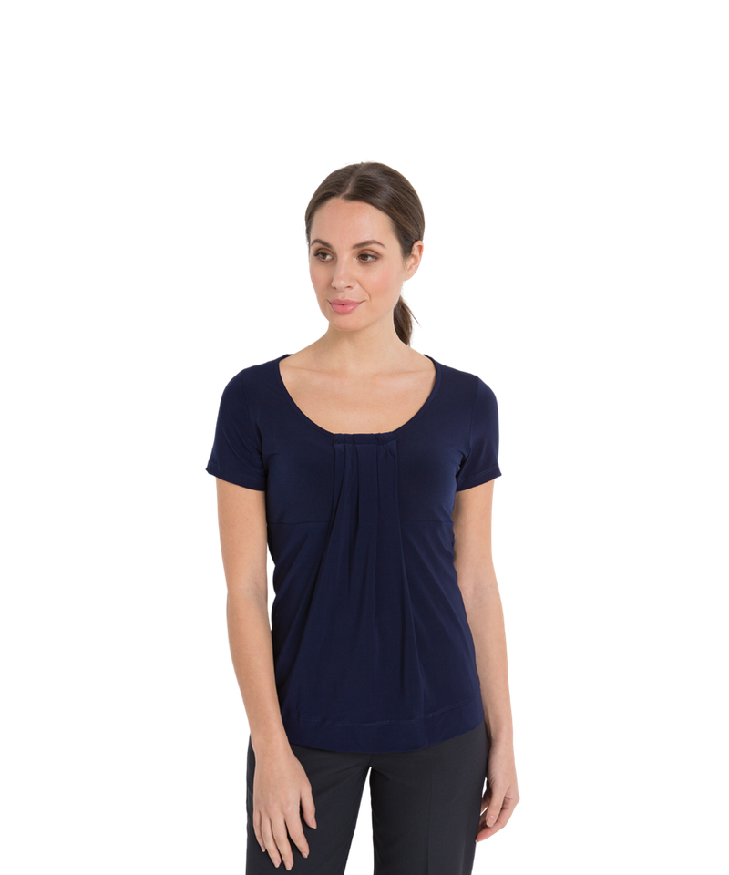 Women's Round neck pleat front top
LSJ-711-KN worn