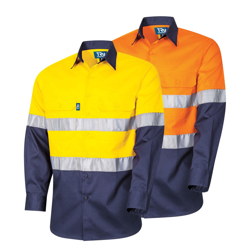 Tru Workwear DS2112T1 Regular Weight L/S Cotton Hi-Vis Shirt With Reflective Tape