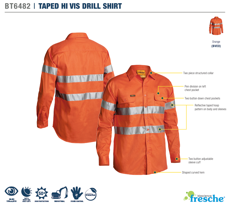 Bisley Workwear - BT6482 3M Taped Hi Vis Drill Shirt - Long Sleeve Spec Sheet