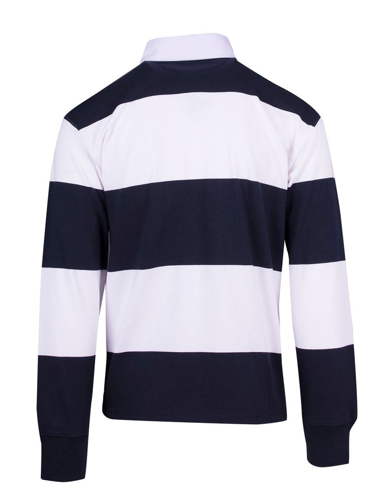 white/navy rugby polo rear